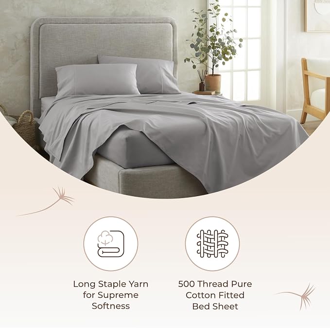 Organic Full Fitted Sheet Only Deep Pocket - 100% Organic Cotton Sheets with Soft Breathable 500 Thread Count Sateen Weave GOTS & Fairtrade Certified - Fitted Bed Sheets Only (Gray, Full)