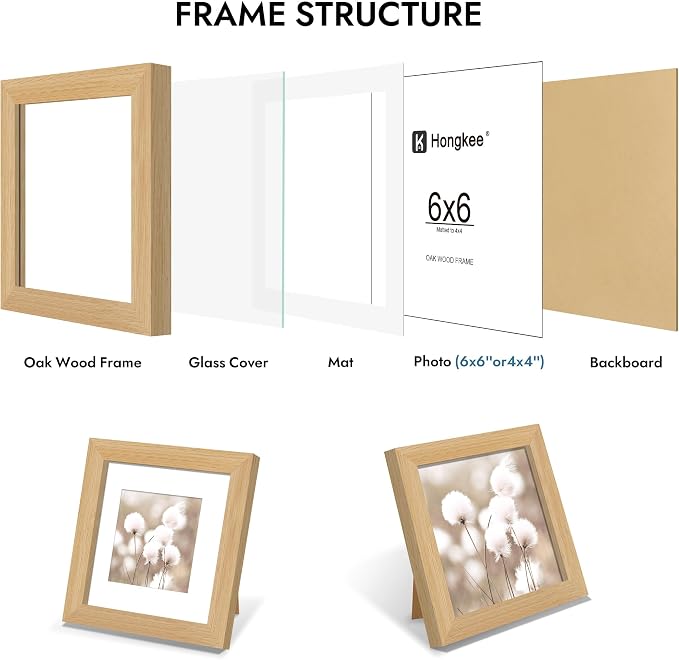 Hongkee 6x6 Oak Wood Picture Frame 1 Pack(Matted 4x4) with Real Glass Cover | Natural, 6 x 6 Solid Wood Frame for Wall or Tabletop Display - Includes Easel Back, Vertical Hang - Ideal for Home, Office