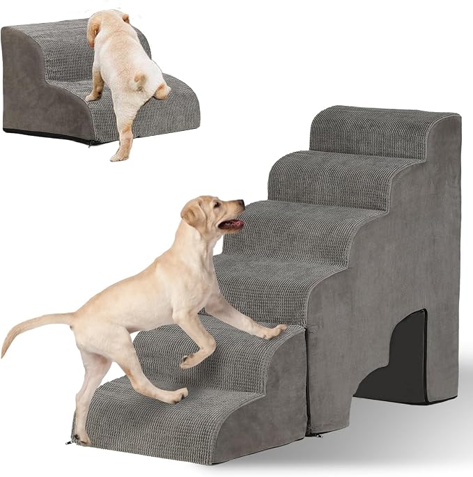 Dog Stairs for High Beds 25-30 inches Tall, 6-Step Dog Steps for High Bed for Doggies/Kitties, 30D Foam Pet Stairs Steps for Small Dogs, Doggie Ramp/Ladder for Old Dogs/Cats, Grey