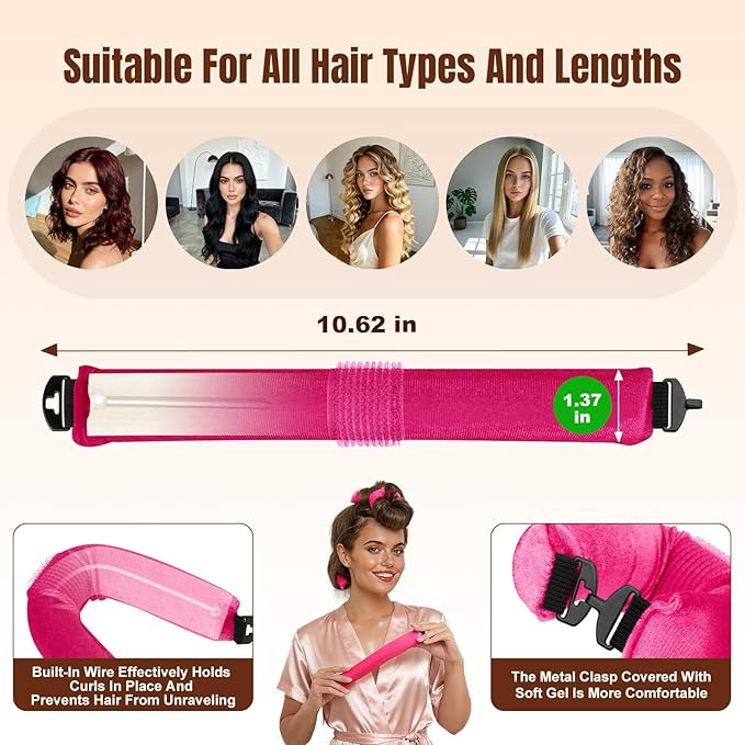 BLAAROOM Overnight Heatless Hair Curler, Upgraded with Hair Pad Grippers Satin Jumbo Flexi Blowout Curls Rods, 3pcs No-Heat Styling Tools Curling Rod to Sleep in for All Hair Types - Rose Red