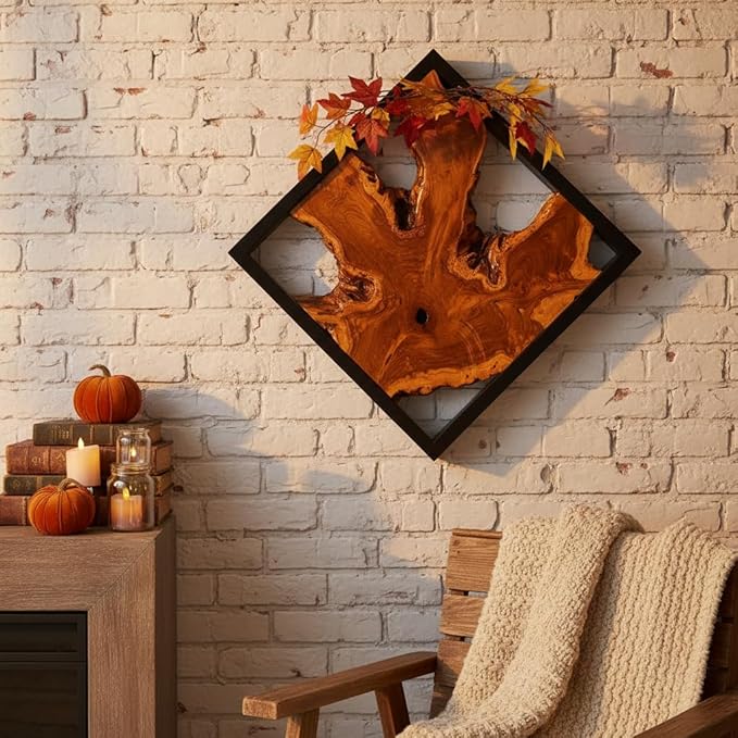 Warmaxx Teak Wood Wall Art 16.9"x16.9" Rustic Farmhouse Natural Wood Decor Home Office Dorm Square Handmade Live Edge Brown Wooden Wall Décor Living Room Bedroom Hallway