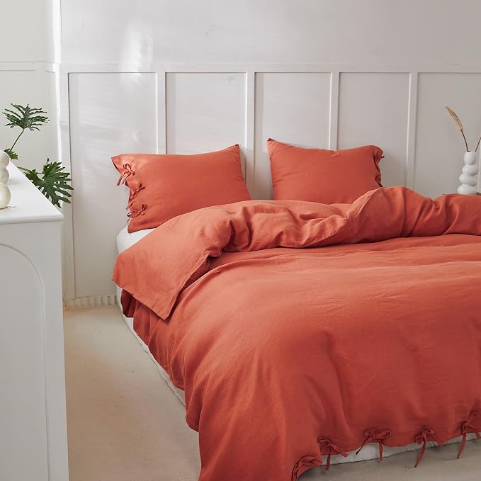 Simple&Opulence 100% Linen Duvet Cover Set 3pcs with Bowknot Ties Closure Natural French Washed Flax Solid Color Soft Breathable Farmhouse Bedding - Brick Red, Queen Size