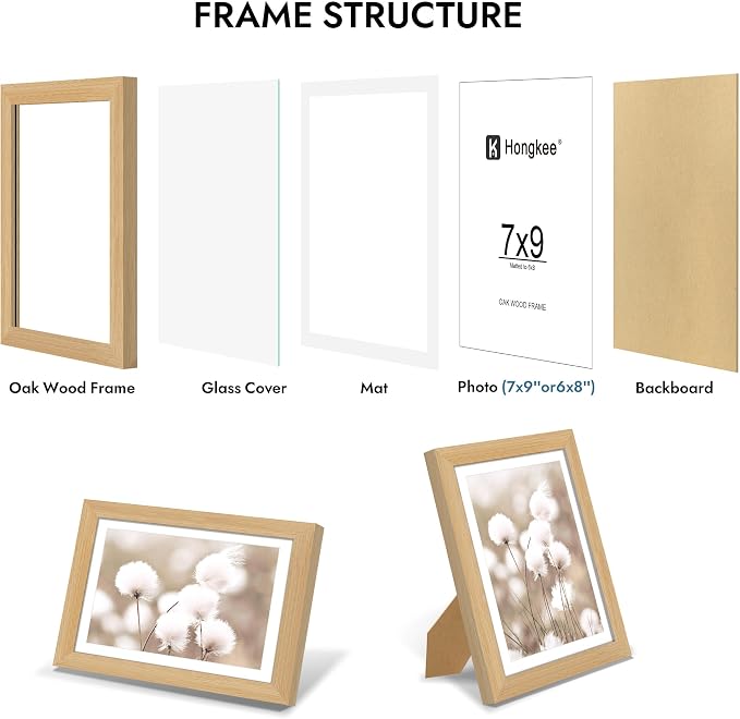 Hongkee 7x9 Oak Wood Picture Frame 1 Pack(Matted 6x8) with Real Glass Cover | Natural, 7 x 9 Solid Wood Frame for Wall or Tabletop Display - Includes Easel Back, Vertical Hang - Ideal for Home, Office