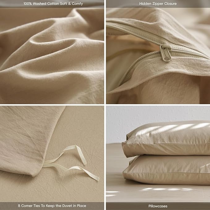 MooMee King Duvet Cover Set, 100% Washed Cotton Linen Like Twill Thick Sturdy Material Super Soft Breathable Durable Bedding for All Season, 3 Pieces (Camel, King 104"x90")