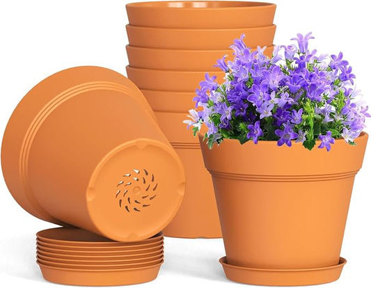 WSMKSZ 4 Inch Plastic Plant Pots with Drainage Holes and Trays – 8 Pack Small Nursery Pots for Indoor & Outdoor House Plants and Flowers, Seedling Starter Planters, Terracotta