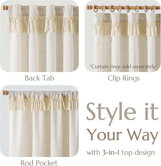 jinchan Linen Curtains for Living Room Bedroom Light Filtering Semi Sheer Curtains Boho Farmhouse French Country Cottage Core Decor Window Drapes Back Tab 63 Inch Length Tassel Beige