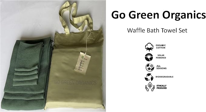 Organic Cotton Bath Towel Set Waffle, GOTS Certified (Forest Green) Super ABSORBANT & Quick Dry, NO SOFTENERS, Environment Friendly, 1xBATH58x30.5, 2xHAND29x20, 4xFACE12x12INCH