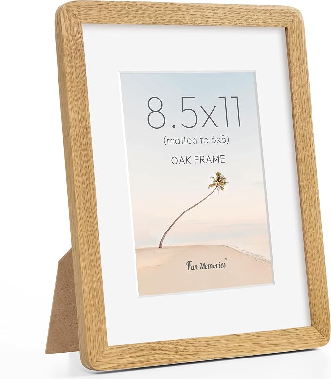 Fun Memories 8.5x11 Picture Frame - Solid Oak Wood Diploma & Certificate Frame, 8.5x11 Frame with Mat for 6x8 Photos, Awards & Achievements, Tabletop and Wall Display with Real Glass, Natural Oak