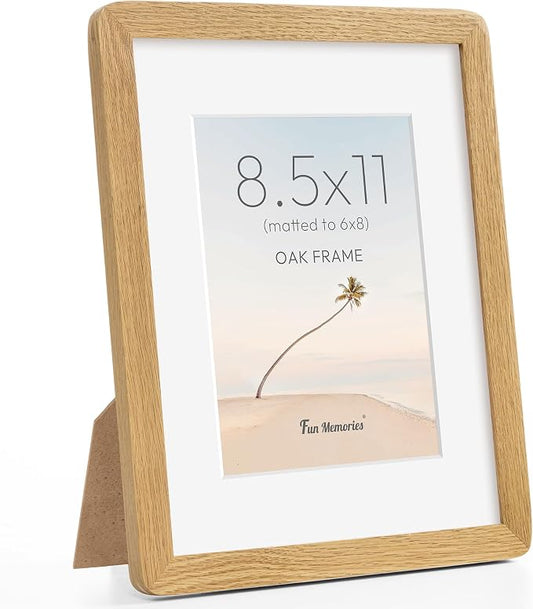 Fun Memories 8.5x11 Picture Frame - Solid Oak Wood Diploma & Certificate Frame, 8.5x11 Frame with Mat for 6x8 Photos, Awards & Achievements, Tabletop and Wall Display with Real Glass, Natural Oak