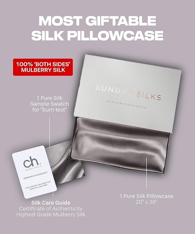 SUNDAYSILKS™ | Silk Pillow Cases | 100% Pure Silk Pillowcase | All Sides 22 Momme Premium Grade 6A Real Silk Pillowcase for Hair & Skin King, Queen Mulberry Silk Pillow Case, Zipper [Charcoal Essence]