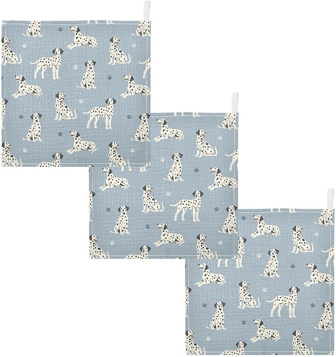 Baby Dalmatian Dogs Muslin Washcloths 3 Pack - Muslin Burp Cloths Hanky Large 11.8"X11.8" Extra Soft Absorbent Baby Burp Rags for Newborn 100% Cotton for Boys Girls Gift