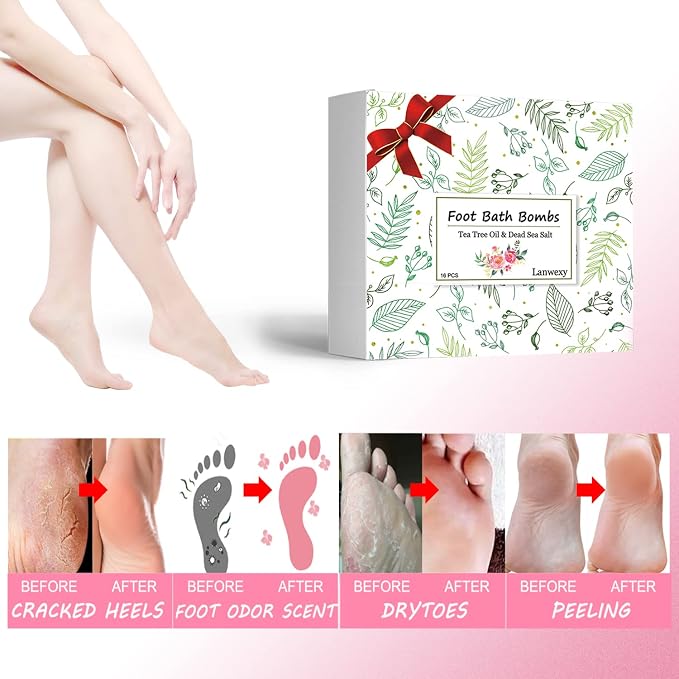 Lanwexy Bath Foot Bombs, 32 Pack Foot Soak with Bath Salt and Tea Tree Oil. Organic Natural Handmade Aroma Pure Essential Oil Bubble Foot Balls for Feet Callus, Dry Cracked, Stubborn Feet Odor Scent.