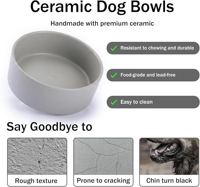MateeyLife Ceramic Dog and Cat Bowls with Stand, 2-Pack Food and Water Bowl Set - Non-Slip Pet Bowls for Small & Medium Size Dogs，28.7OZ(Grey)