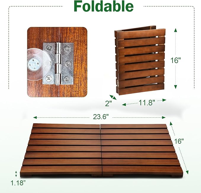 Teak Shower Mat, Foldable Wooden Shower Mat with Non-Slip Rubber Feet, Teak Bath Mat for Bathroom, Bathtub, Spa, Sauna, Pool, Indoor Outdoor Use, Water-Resistant Wood Floor Mat
