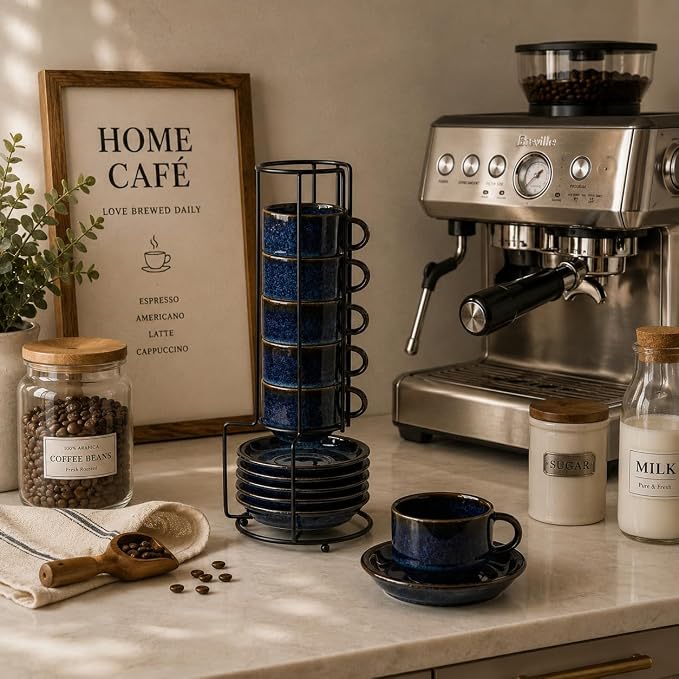 JIEMEI HOME Porcelain Stackable Espresso Cups with Saucers and Metal Stand,4 Ounce Demitasse Cups for Coffee Drinks, Latte, Tea - Set of 6, Stackable Espresso Mugs, Reactive Glaze, Bule