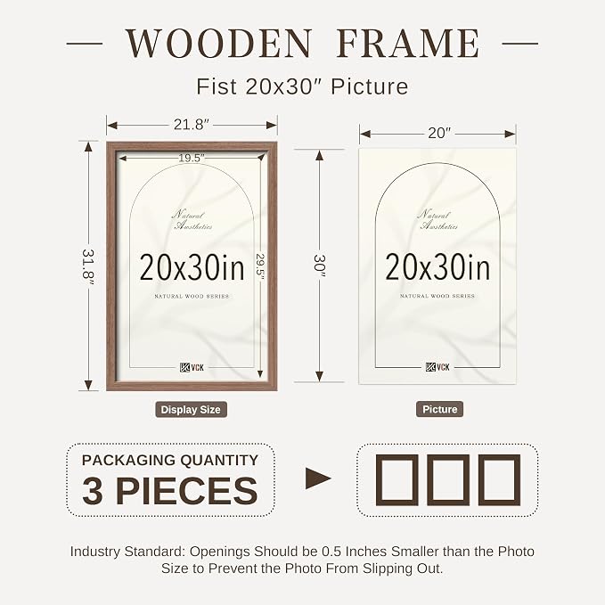 VCK 20x30 Poster Frame 3 Pack - Walnut Solid Wood Picture Frames, Exclusive Wood Grain Picture Frames, Wall Hanging