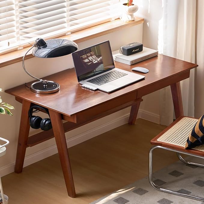 YESWOOD 100% Solid Rubber Wood Desk, Mid Century Modern Writing Computer Desk in Walnut Finish with Drawer for Home Office, Sturdy Room, Bedroom 47.24" W Teak