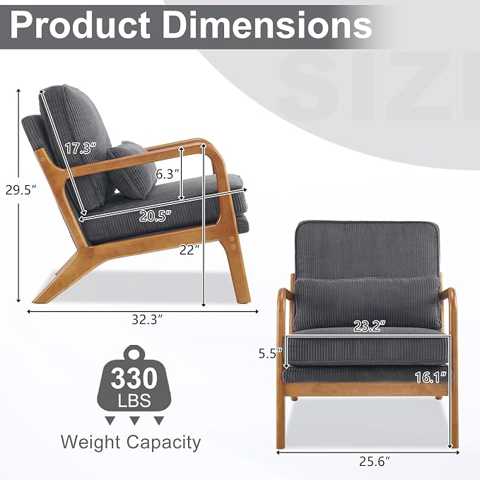 Karl home Mid-Century Modern Accent Reading Chair, Dark Grey | Corduroy Upholstered, Solid Wood Frame, Soft Cushion, Lumbar Pillow, Lounge Armchair for Living Room, Bedroom, Balcony, Study