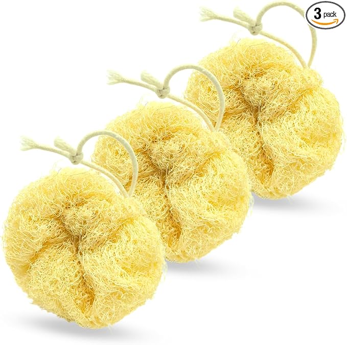 Natural Loofah Body Scrubber 3-Pack, Plant-Based Exfoliating Shower Sponge Luffa for Men & Women, Eco-Friendly & Dye-Free, Fits All Hand Sizes[Must SOAK to Soften]
