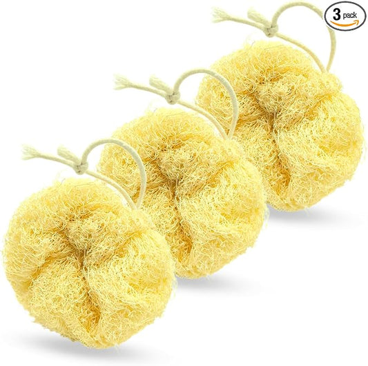 Natural Loofah Body Scrubber 3-Pack, Plant-Based Exfoliating Shower Sponge Luffa for Men & Women, Eco-Friendly & Dye-Free, Fits All Hand Sizes[Must SOAK to Soften]