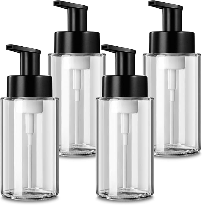 RYTOXILO Foaming Soap Dispenser, 10 oz/300ml Foaming Hand Soap Dispenser, 4 Pack Glass Dispenser for Bathroom & Kitchen, Clear Refillable Foam Dispenser Bottle with Waterproof Labels