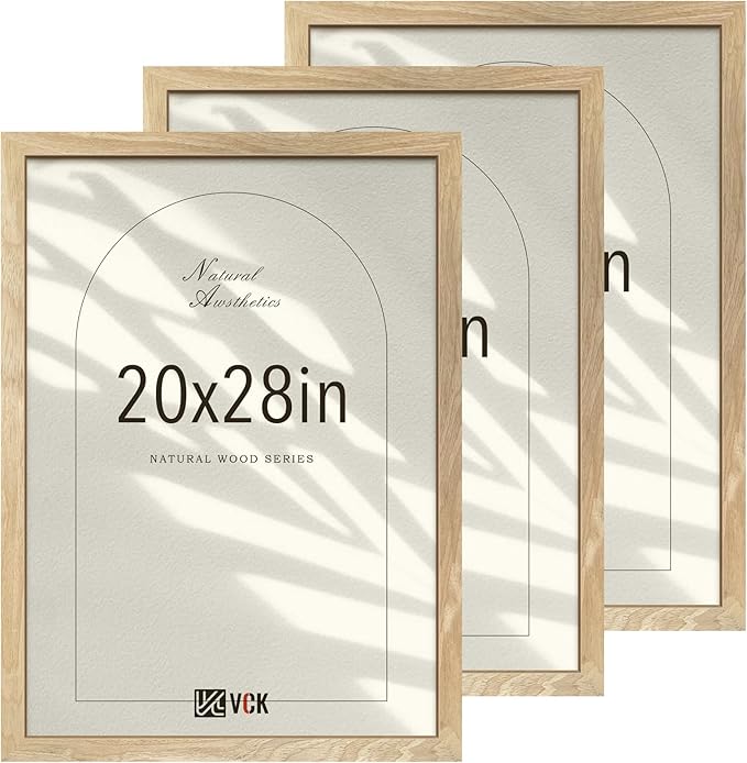 VCK 20x28 Poster Frame Natural Solid Wood 3 Pack, Exclusive Wood Grain Wall Hanging Picture Frame for Home Decoration
