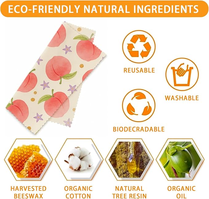 Reusable Beeswax Wraps, 9 Pack Eco-Friendly Food Storage, Organic, Sustainable, Zero Waste, Plastic-Free, For Sandwiches, Bread & Bowls, 1XL, 3M, 5S, Peach Cherry Leaves Patterns