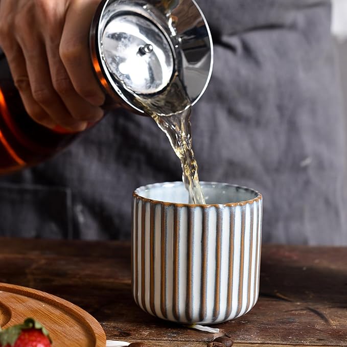 Vintage Ceramic Mug, Japanese Tea Cup 6oz Striped Cup No Handle Drinking Cup for Espresso, Cortado, Matcha, Green Tea, Microwave and Dishwasher Safe, Kiln Transformation Cup (White)