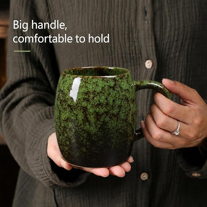 21oz Large Handmade ceramic Mug, Big Ceramic Tea Cup, Durable and Heavy Microwave and Dishwasher Safe Pottery Coffee Mug with Handle, Reactive Glaze Stoneware Clay coffee mug (Green)