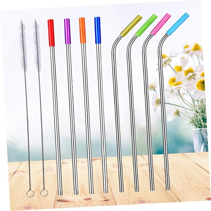 304 Stainless Steel Reusable Drinking Straws Set 8pcs Curved and Straight Straws with Food-Grade Silicone Tips Includes Cleaning Brush for Smoothies and Bubble Tea