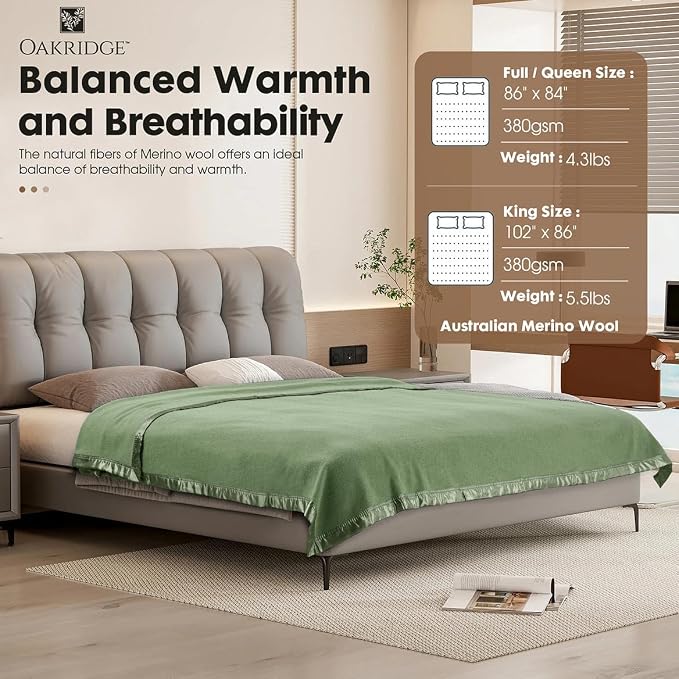 OakRidge Heirloom Merino Wool Blanket – 100% Australian Wool with Vintage Satin Edges – Breathable, Odor-Resistant, All-Season Bedding in Full Queen Size – Sage Cozy Throw for Home or Travel