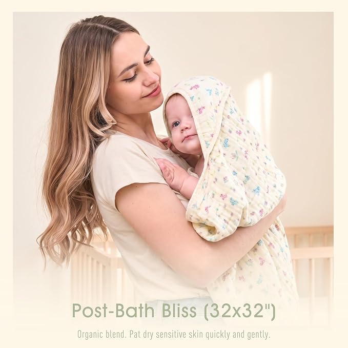 Muslin Baby Hooded Towel, Wildflower Floral, 32"x32" | 70% Organic Cotton & 30% Viscose from Bamboo, 6-Layer Fabric, Soft for Bath & Beach, Eco Kraft Gift Box