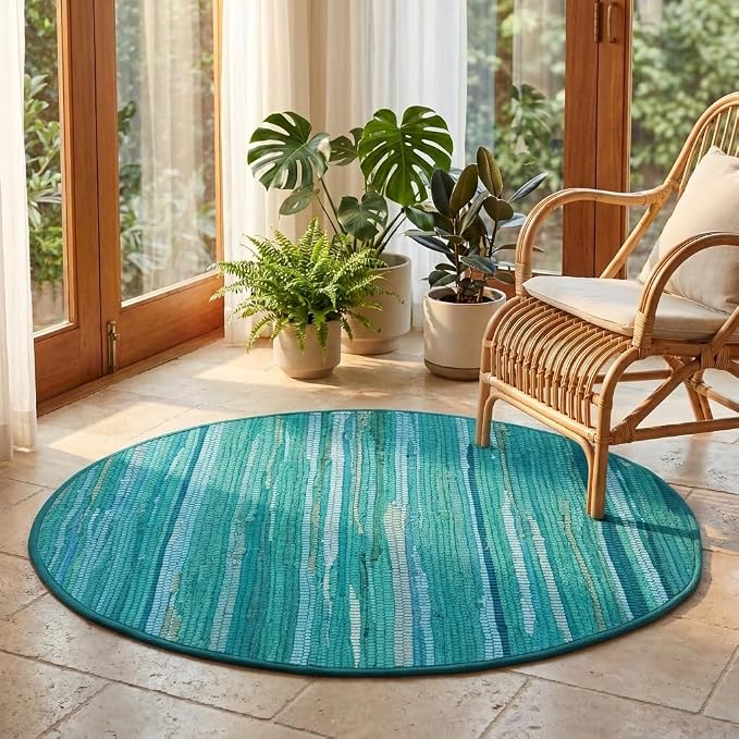 Cotton Hand Woven Chindi Area Rug 4 Feet Round - Teal, Reversible Circle Green Dinning Space Floor Rugs Ideal for Bedroom, Living Room, Kitchen | Large Farmhouse Recycled Patio Mats for Balcony Décor