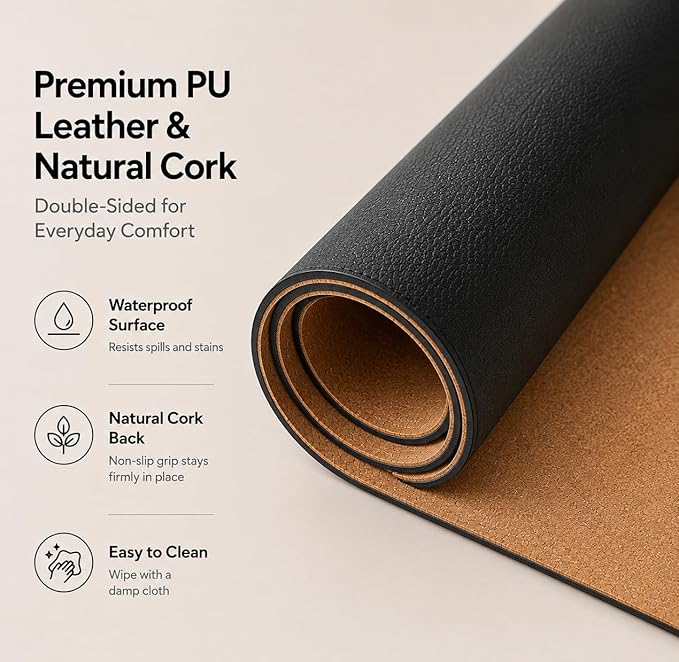 AFIING Leather Desk Pad Protector, Large Mouse Pad, Dual-Sided PU Leather & Natural Cork Desk Mat, Non-Slip Waterproof Laptop Desk Blotter for Office and Home, 23.6" x 13.7", Black