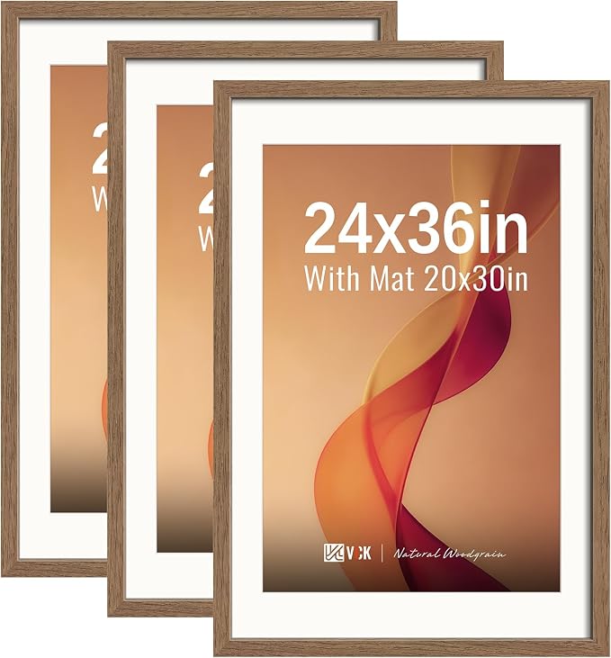 VCK 24x36 Poster Frames Walnut 3 Pack, Wide Border Wood, Display 24x36 Picture Photo with Mat or 20 x 30 Without, for Home, Office, Gallery, Woodgrain Series, Wall Hanging