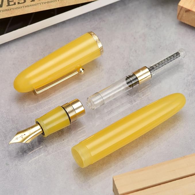 Jinhao 9019 DaDao Series Fountain Pen, Size 8 Fine Heartbeat Nib with Large Ink Converter, Yellow Jade Acrylic Design Smooth Writing Pen (Gold Trim)