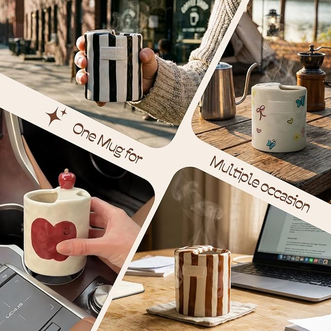 Ceramic Travel Mug with Half Lid, Apple Design Handmade Pottery Coffee Cup 12oz, Kawaii Reusable Coffee & Tea Tumbler, Microwave & Dishwasher Safe