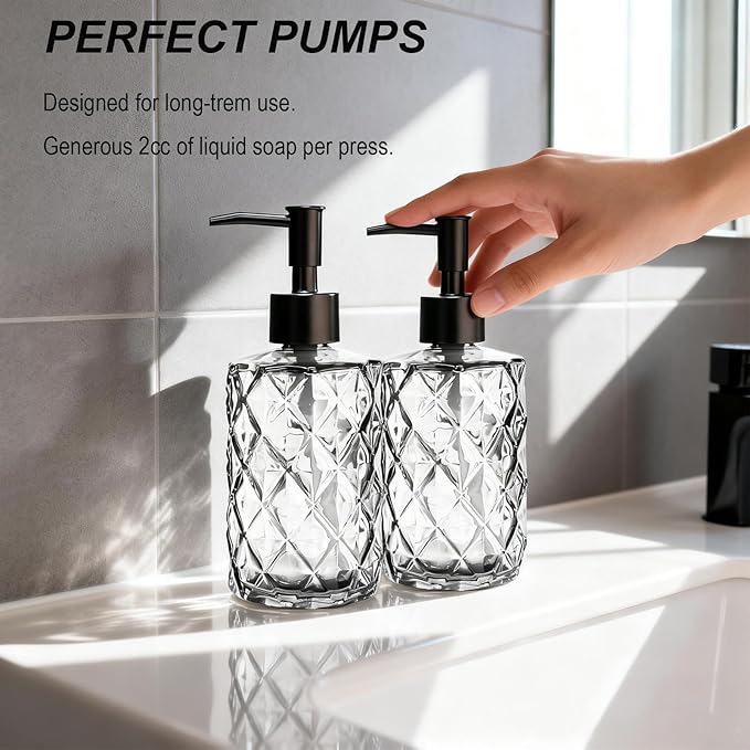 Glass Hand and Dish Soap Dispenser Set of 2 with Plastic Pumps, Bamboo Tray, 12oz Clear Bathroom Soap Dispenser with Diamond for Hand Wash & Dish Wash, Ideal for Bathroom Kitchen Countertop