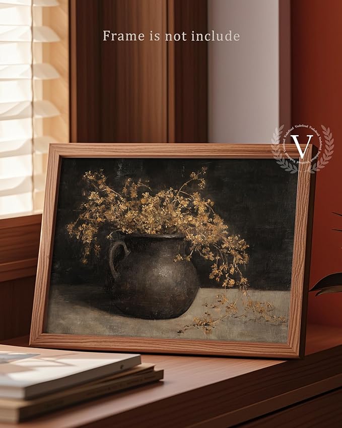 Vodefoad Vintage Wall Art for Home Decor, Farmhouse Rustic Dark Floral Autumn Painting, Moody Warm French Country Cottage Botanical Wall Decor Canvas Artwork for Bathroom, Living Room, Desktop Wall Art decor - 8x10Inch Unframe