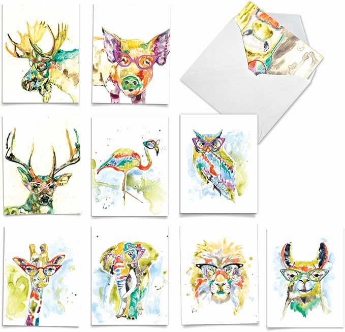The Best Card Company - 10 Watercolor Blank Cards with Envelopes (4 x 5.12 Inch) Cute Animals, All Occasion Note Cards - Rainbow Splash Animals AM6137OCB-B1x10-NB