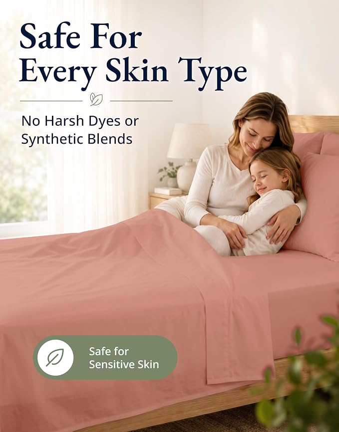 LANE LINEN 100% Organic Cotton Queen Size Fitted Sheet Only (+Pillowcases) 3-Piece Set Soft & Comfy Hotel Style Percale Weave Fully Elasticized Deep Pocket Queen Fitted 15" Deep - Rose Dawn