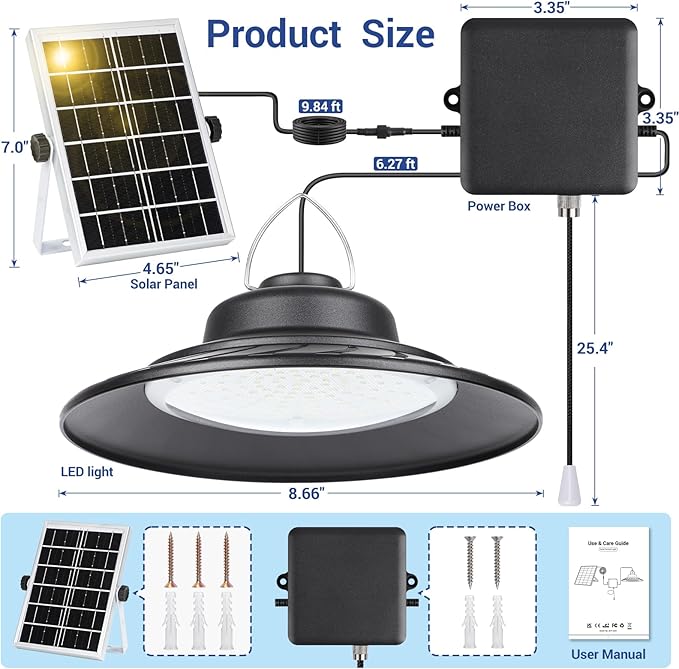 ropelux Solar Powered Shed Light Indoor Outdoor, 2000LM Daytime Available Pendant Light with Pull String, 2 Lighting Modes Solar Lights, IP65 Waterproof for Barn, Gazebo, Shop, Garage, Home (2Pack)