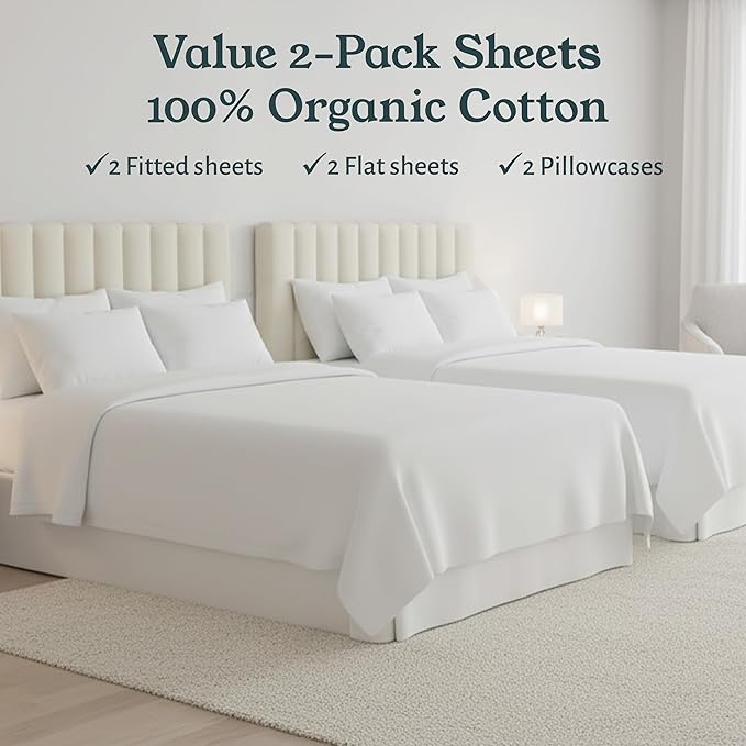 California Design Den Pack of 2 Extra Long Twin Sheets Set - 100% Organic Cotton Bed Sheets, Crisp Percale Feel, Deep Pockets, Lightweight Bedding Set - True Ivory