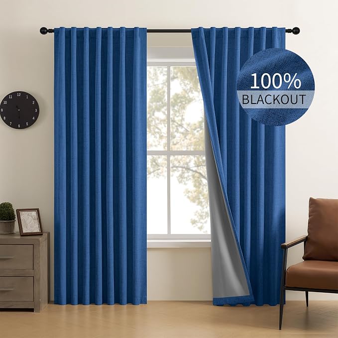 CUCRAF Linen 100% Blackout Curtains 90 Inch Length 2 Panels Set, Back Tab and Rod Pocket Curtain for Living Room Bedroom, Room Darkening Window Drapes Thermal Insulated, (37x90 inch, Navy Blue)