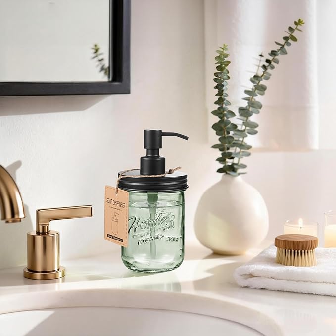 SheeChung 16Oz Mason Jar Green Glass Soap Dispenser, Stainless Steel Pump, Refillable Dish soap Dispenser for Kitchen, Bathroom Hand Soap Dispenser for Lotion, Liquid, Farmhouse Decor (Black, 2 Pack)