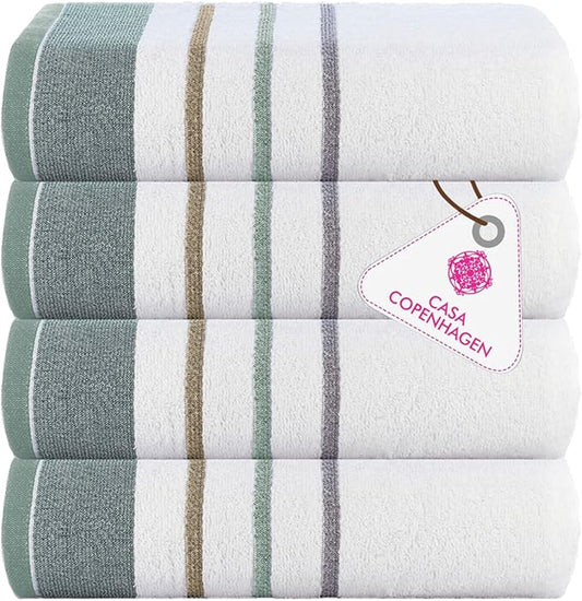 CASA COPENHAGEN White Bay 4Pcs 100% Egyptian Cotton Large Designer Towels Gift Set- Grey - Sea Grass, 600 GSM, 55"x27", 4Bath Towels for Bathroom (Box Pack, Set for Women & Men)