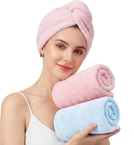 Mandydov 100% Cotton Hair Towel Wrap for Women, 2 Pack Thickened & Super Absorbent Turbans, Anti Frizz Quick Dry Hair Towels (Blue, Light Pink)