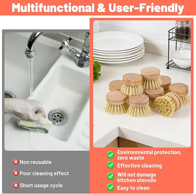 12 Pcs Bamboo Dish Brush Replacement Heads, Small Wooden Dish Brushes for Cleaning Natural Sisal Bristle Refills Eco Friendly Wood Compostable Scrubber Heads for Kitchen Dishes Cleaning Supplies