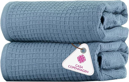 CASA COPENHAGEN Waffle 2Pcs 100% Egyptian Cotton Large Designer Bathsheet Towels Gift Set- Dusty Blue, 35"x70" 2Bath Sheet Towels for Bathroom (Box Pack, Set for Women & Men)