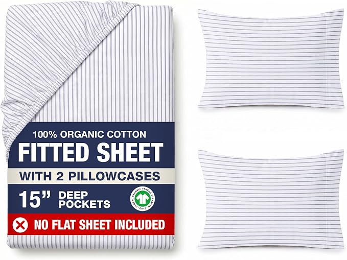 LANE LINEN Full Fitted Sheet, 100% Organic Cotton, 3-Piece Set (1 Fitted Sheet,2 Pillowcases), Percale Weave, Bed Bottom Sheet, Soft, Fits Mattress Upto 15" Deep -Ticking Stripe(No Flat Sheet)
